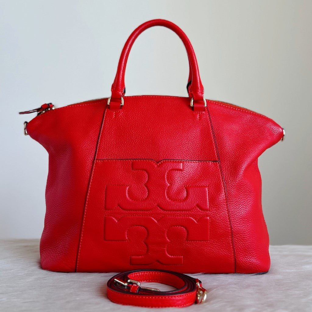 Tory Burch Orange Red Leather Front Logo Carryall 2 Way Shoulder Bag Excellent