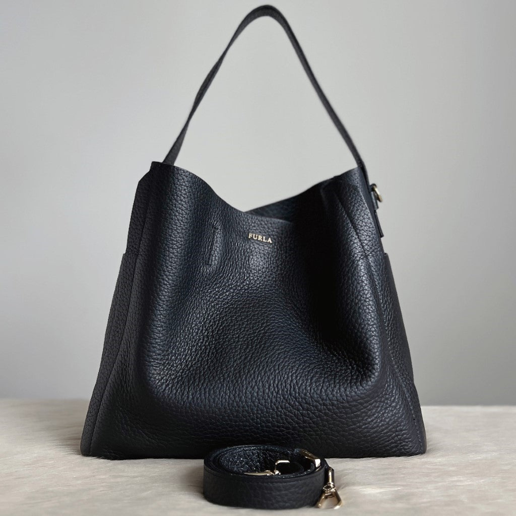 Furla Black Leather Front Logo Slouchy 2 Way Shoulder Bag Like New