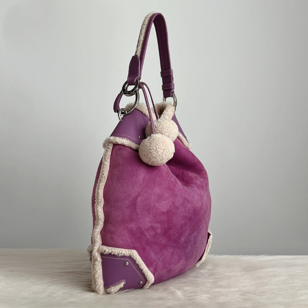 Bally Lavender Suede Pon Pon Detail Slouchy Shoulder Bag + Pouch