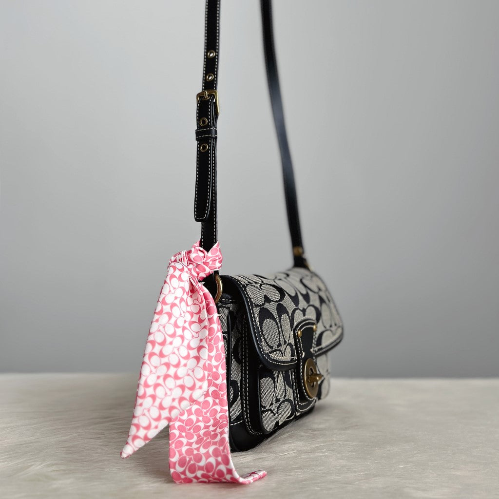 Coach Black Leather Monogram Scarf Detail Crossbody Shoulder Bag Excellent