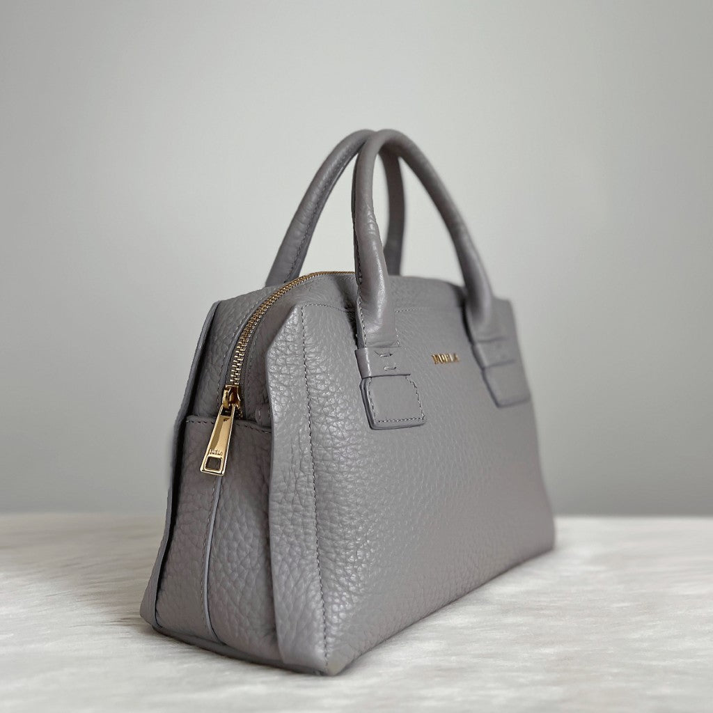 Furla Grey Leather Front Logo Boston 2 Way Shoulder Bag Like New