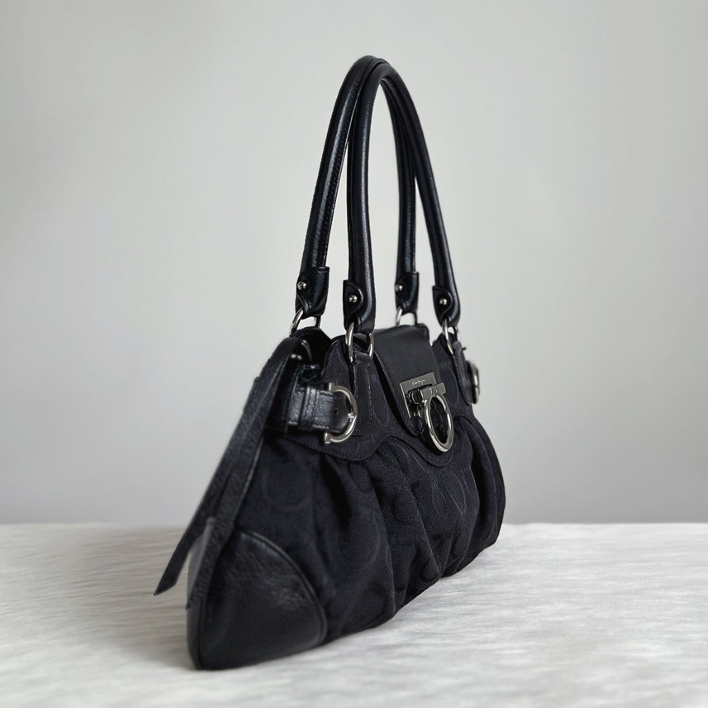 Salvatore Ferragamo Black Leather Monogram Drawstring Shoulder Bag Like New
