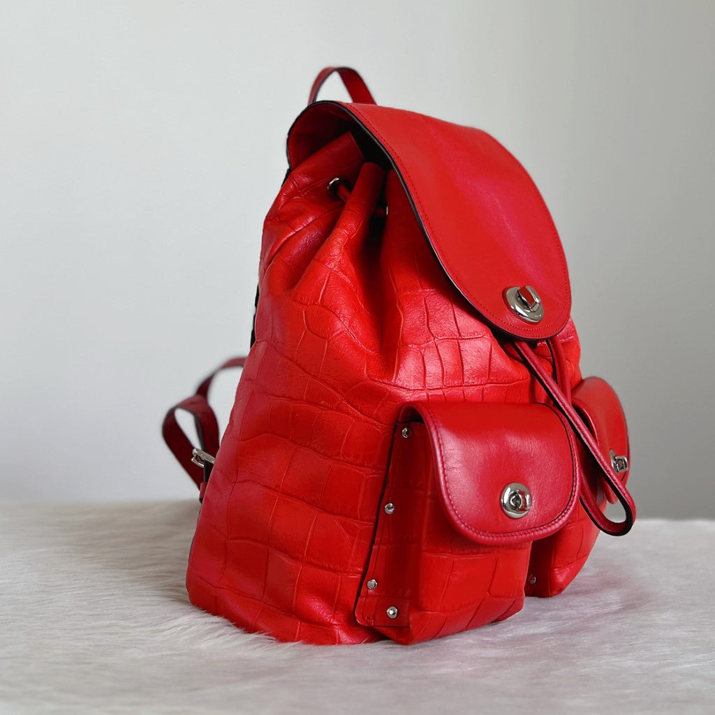 Coach Orange Red Leather Front Turn Lock Pocket Backpack