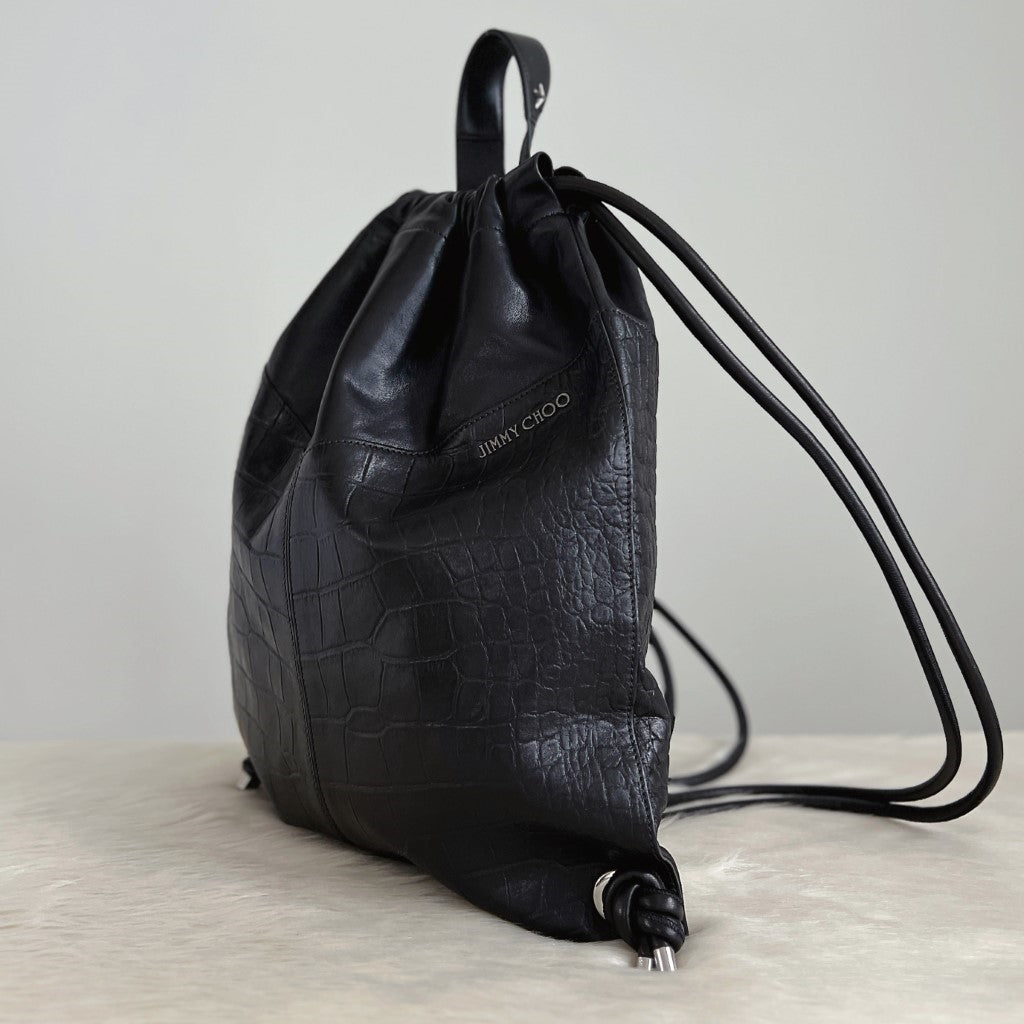 Jimmy Choo Black Crocodile Print Leather Drawstring Backpack Excellent