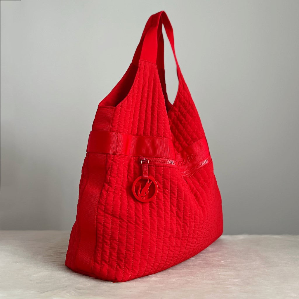 Lacoste Red Quilted Canvas Slouchy Large Shoulder Backpack Excellent