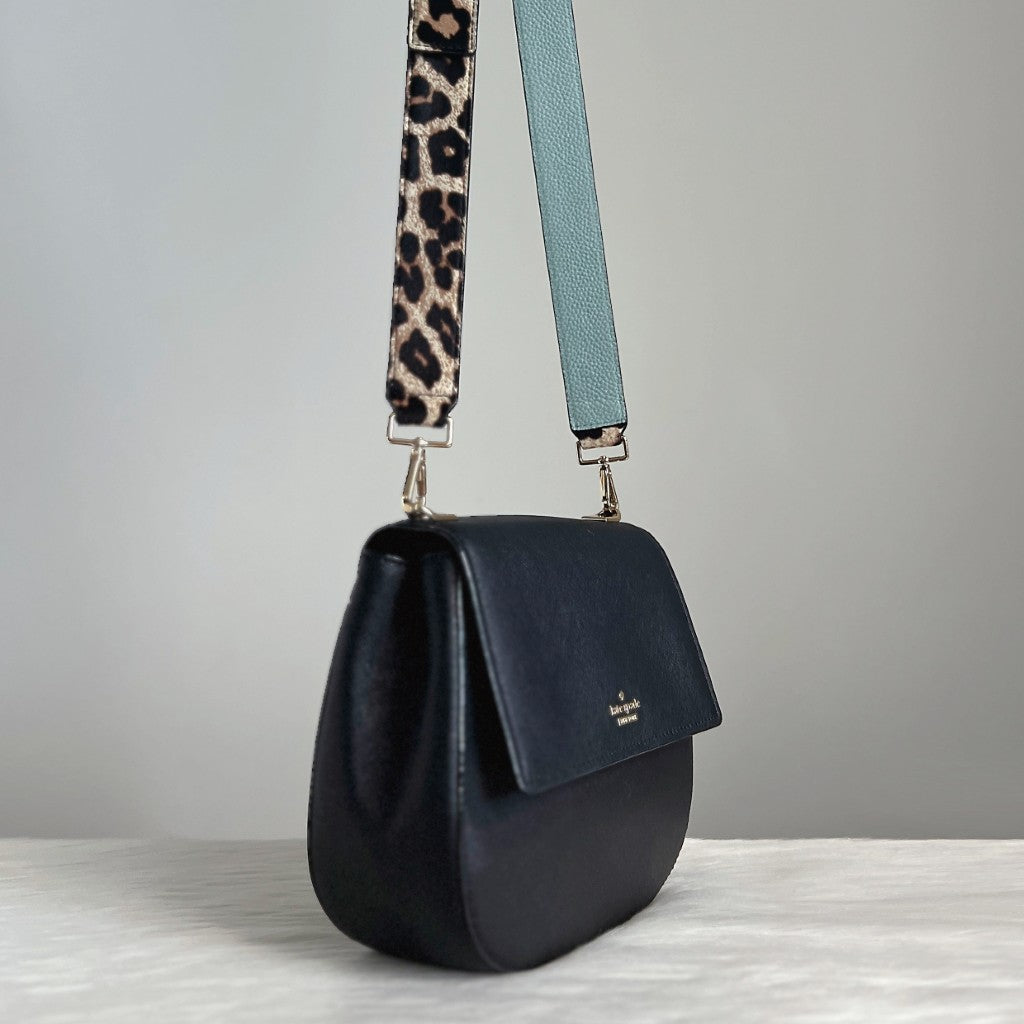 Kate Spade Black Leather Front Logo Leopard Strap Crossbody Shoulder Bag Like New