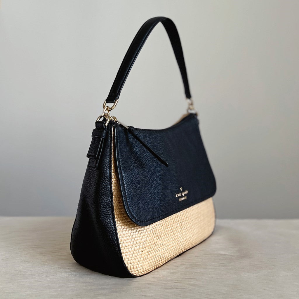 Kate Spade Black Leather Straw Patchwork Holiday Shoulder Bag Excellent