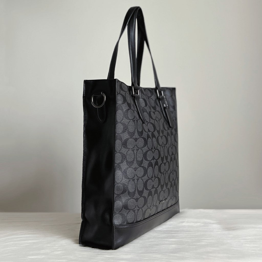 Coach Black Leather Monogram Book Tote Large Shoulder Bag Excellent