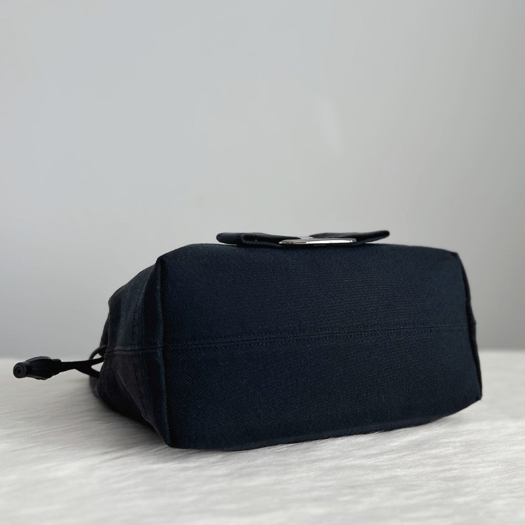 Salvatore Ferragamo Black Leather Denim Drawstring Detail Tote Bag Excellent