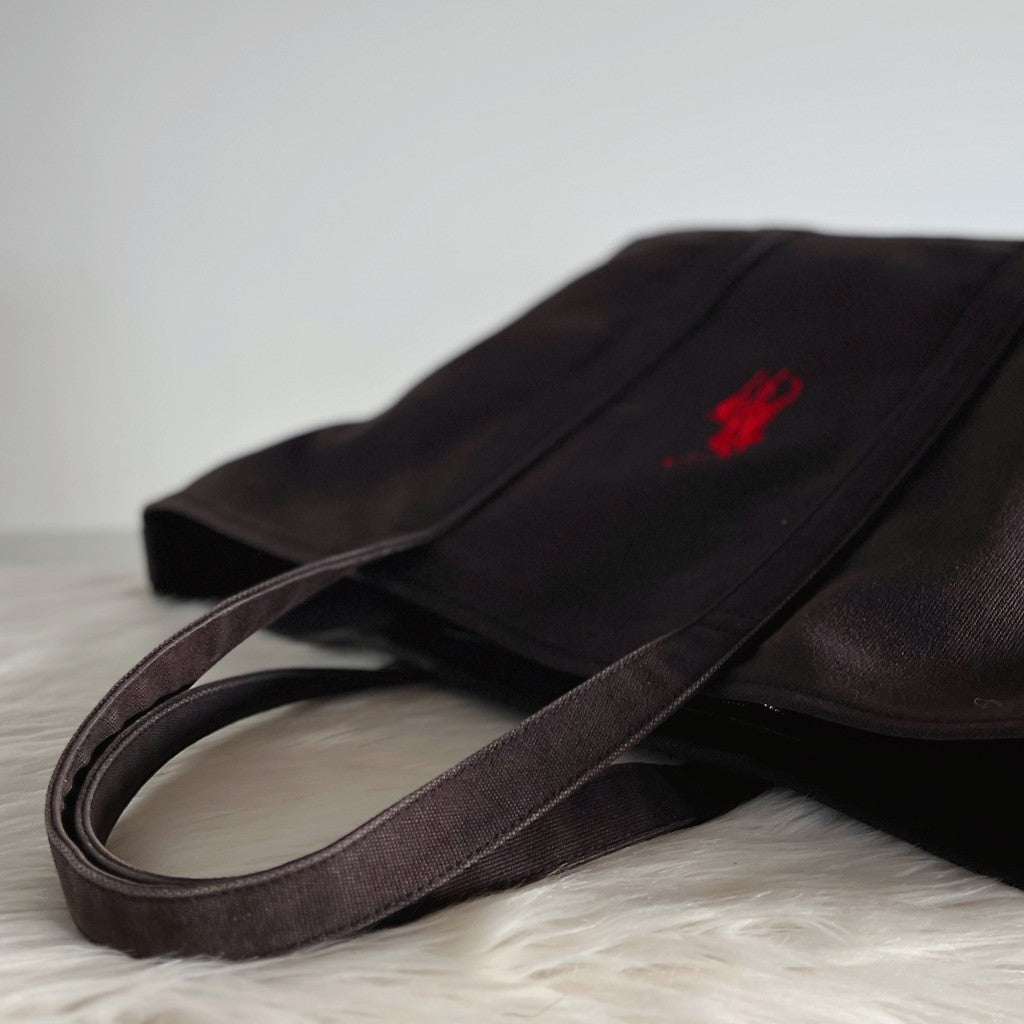 Ralph Lauren Black Canvas Front Logo Carryall Shoulder Bag Excellent