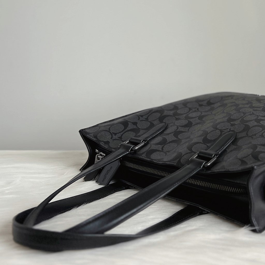 Coach Black Leather Monogram Book Tote Large Shoulder Bag Excellent