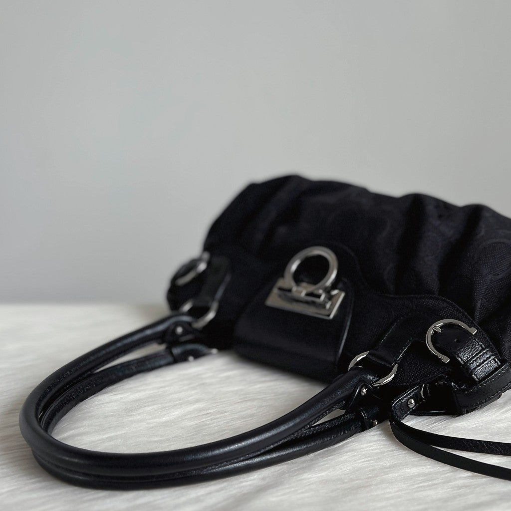 Salvatore Ferragamo Black Leather Monogram Drawstring Shoulder Bag Like New