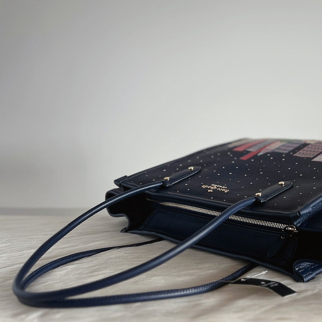 Kate Spade Navy Leather Christmas Holiday Book Tote Shoulder Bag New with Tags