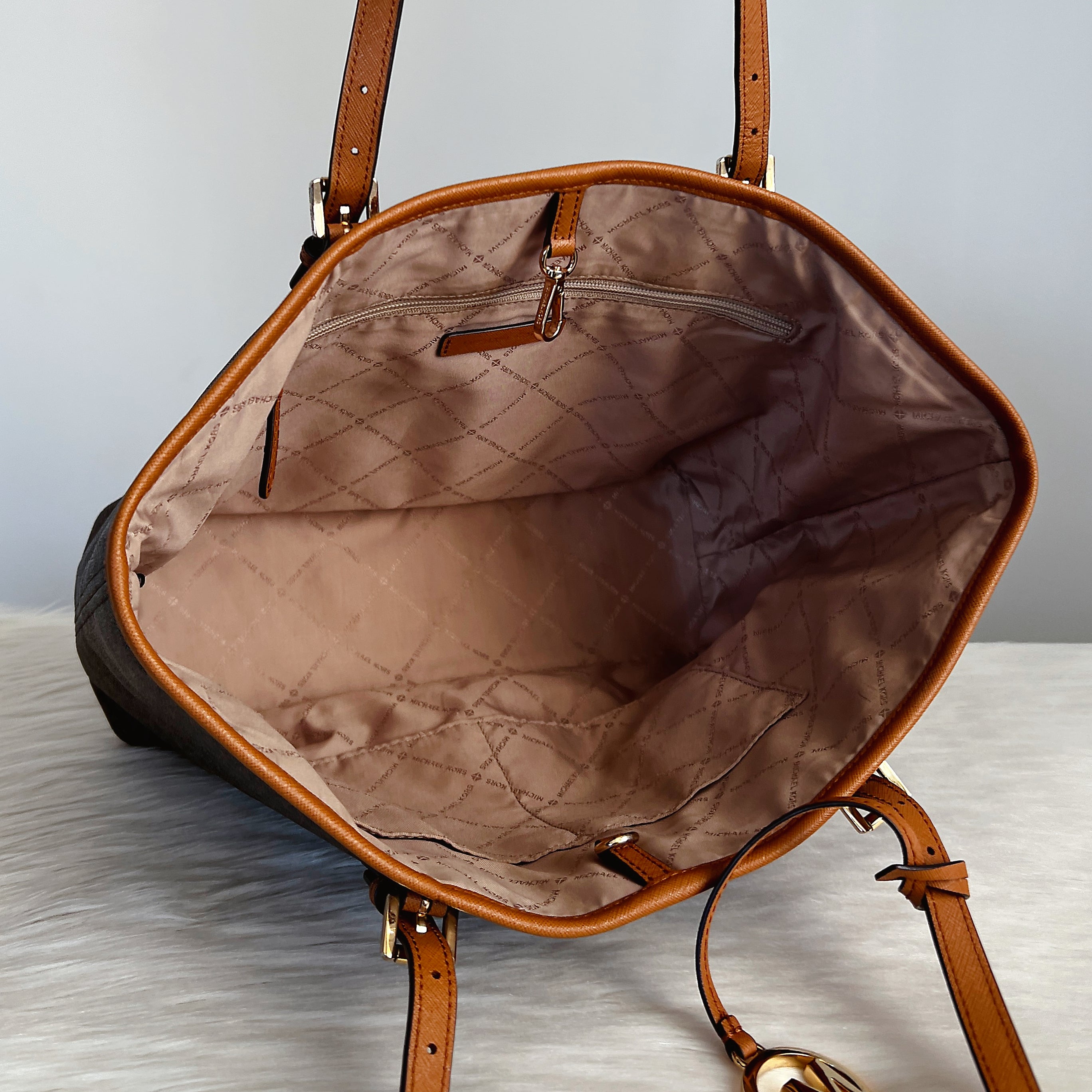 Michael Kors Caramel Leather Monogram MK Charm Shoulder Bag Excellent