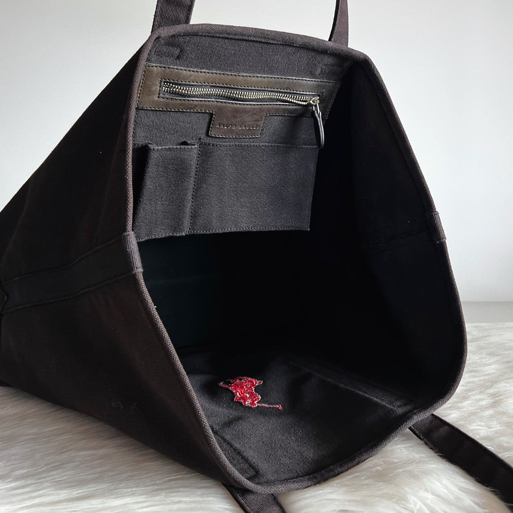 Ralph Lauren Black Canvas Front Logo Carryall Shoulder Bag Excellent