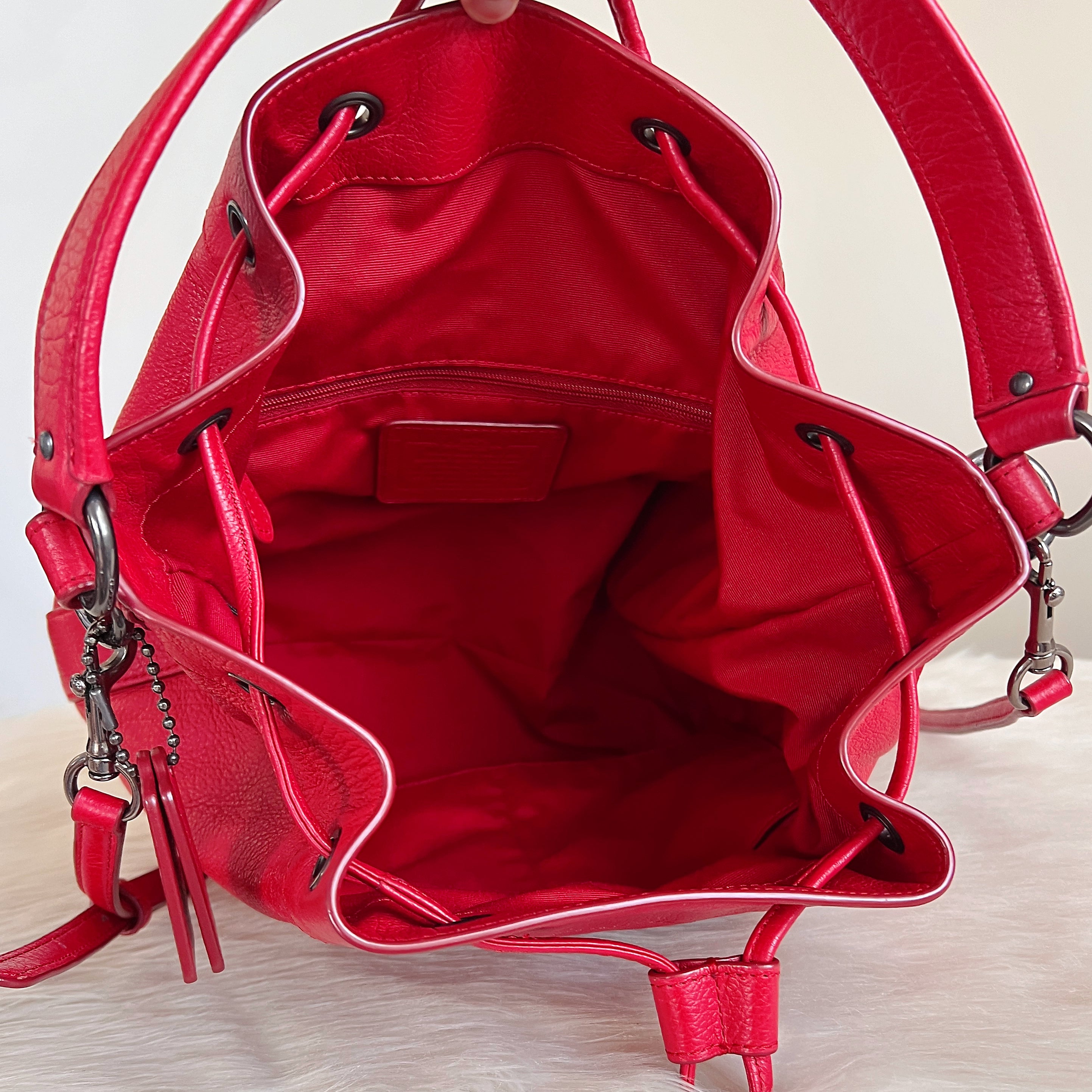 Coach Red Leather Drawstring Bucket Crossbody Shoulder Bag Excellent