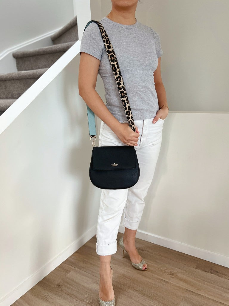 Kate Spade Black Leather Front Logo Leopard Strap Crossbody Shoulder Bag Like New