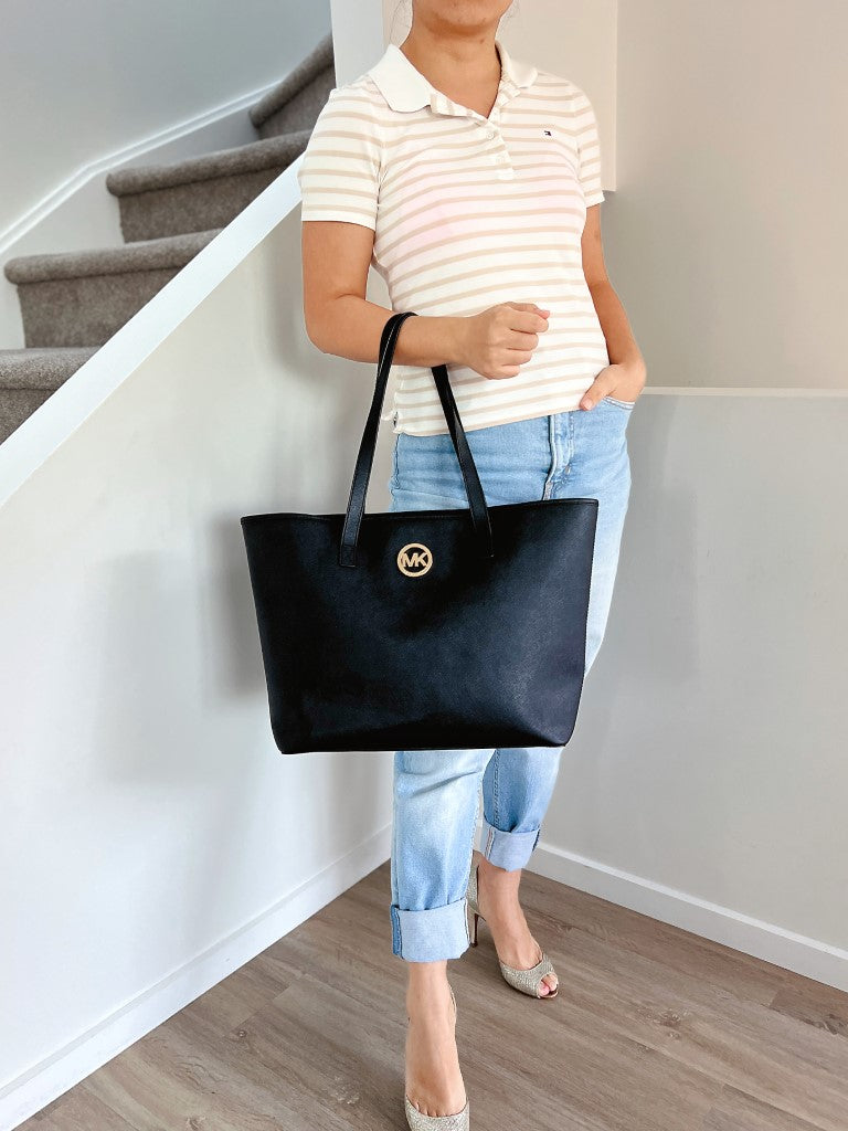 Michael Kors Black Leather MK Logo Large Shoulder Bag Excellent