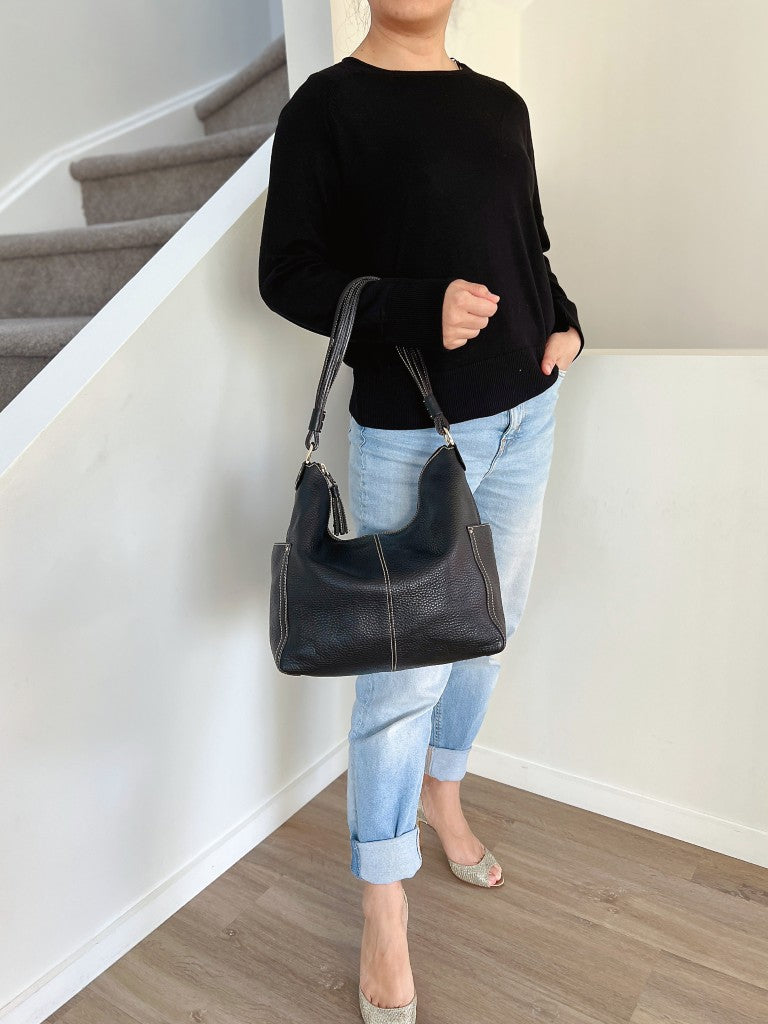 Kate Spade Black Leather Slouchy Tassel Charm 2 Way Shoulder Bag Like New