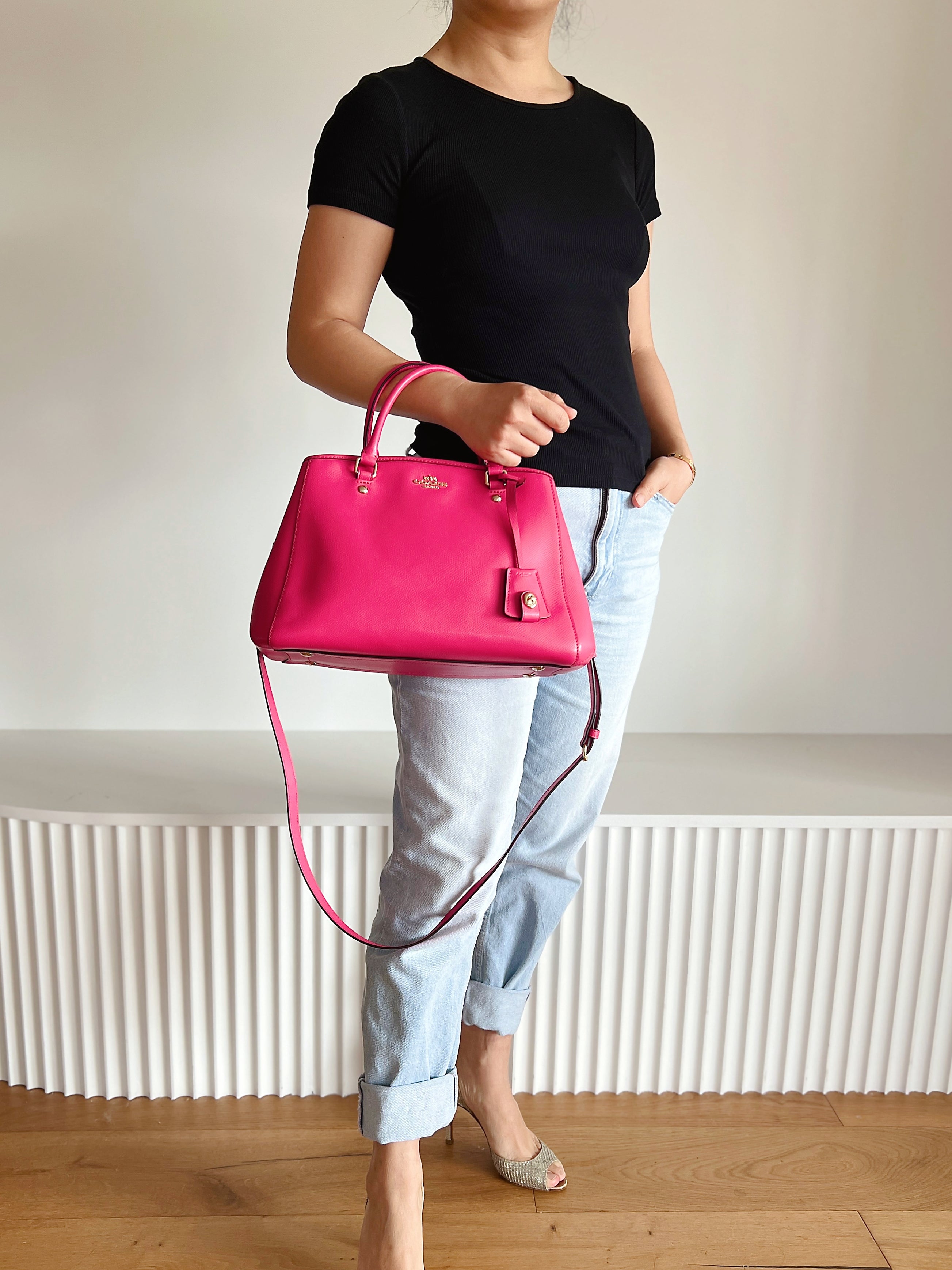 Coach Fuchsia Leather Triple Compartment 2 Way Shoulder Bag Like New