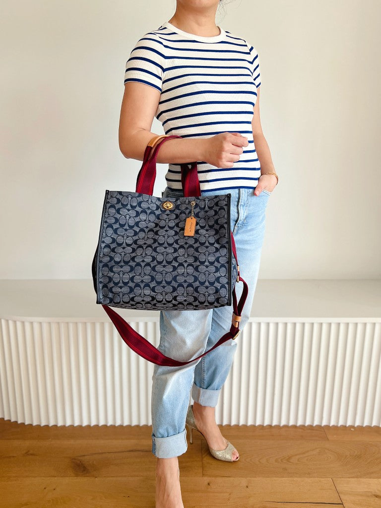 Coach Nany Leather Trim Monogram Book Tote 2 Way Shoulder Bag Like New