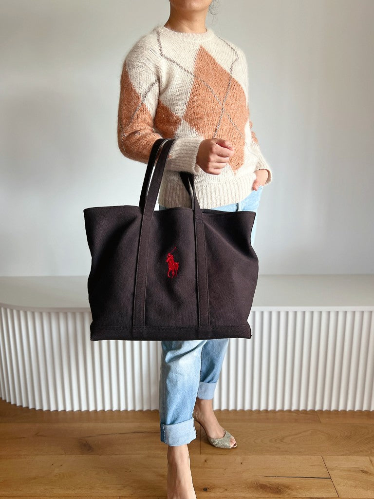 Ralph Lauren Black Canvas Front Logo Carryall Shoulder Bag Excellent