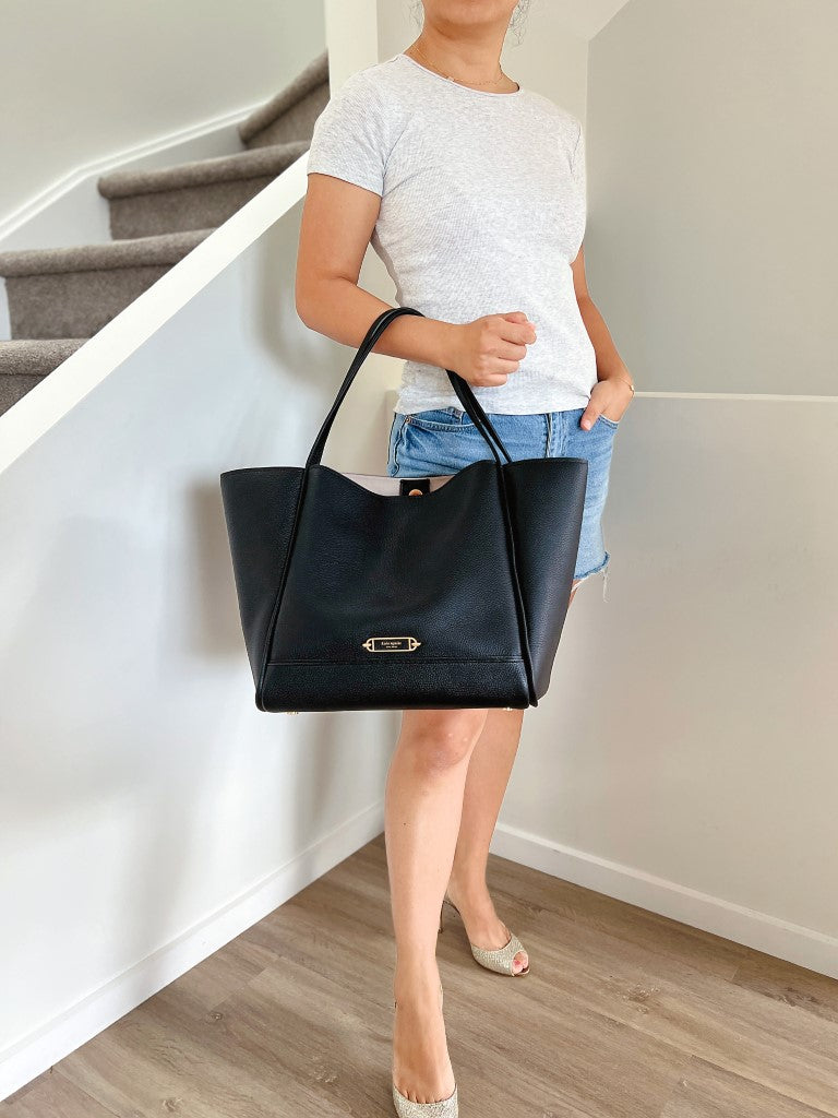 Kate Spade Black Leather Front Logo Carryall Large Shoulder Bag Like New