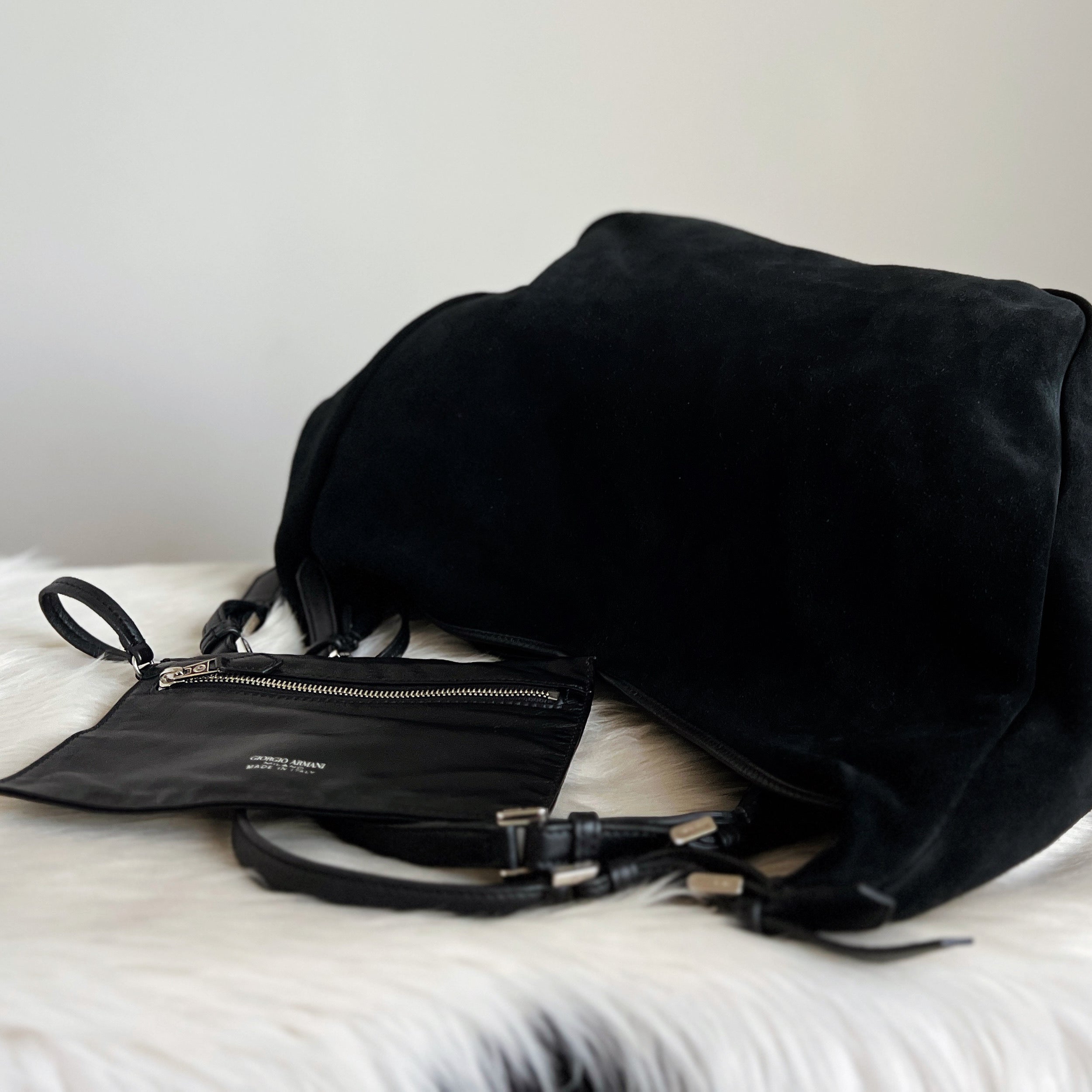 Giorgio Armani Black Suede Slouchy Shoulder Bag + Pouch