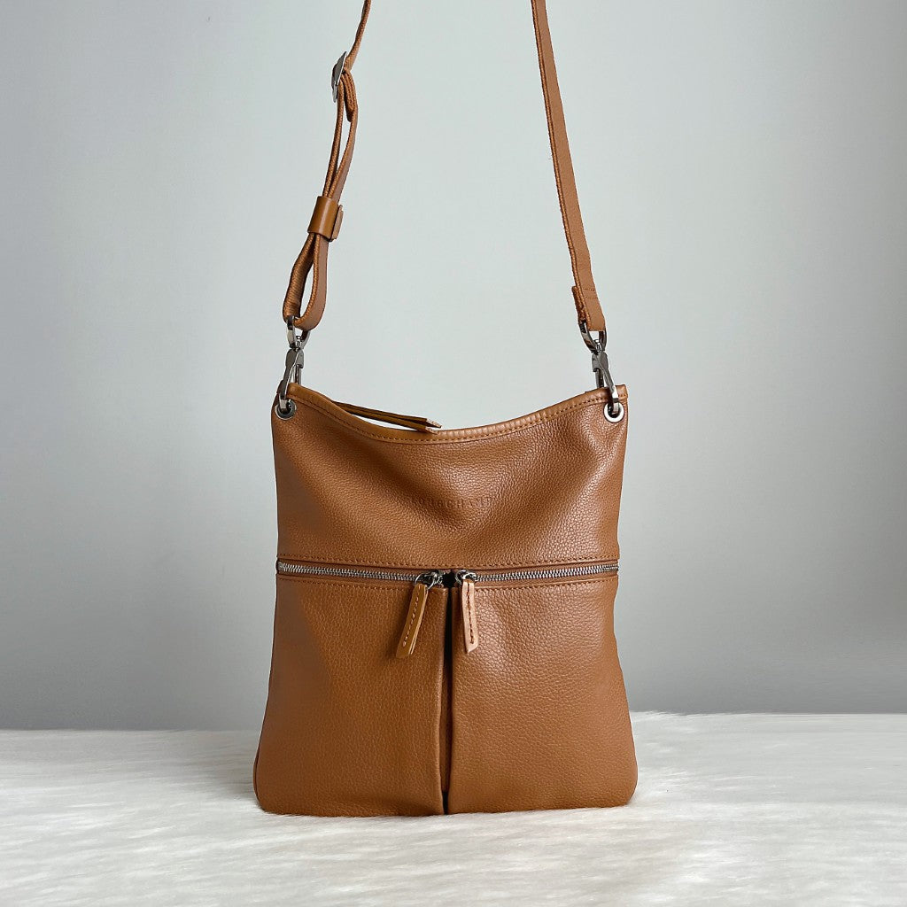 Longchamp Caramel Leather Zipped Pocket Detail Crossbody Shoulder Bag Excellent