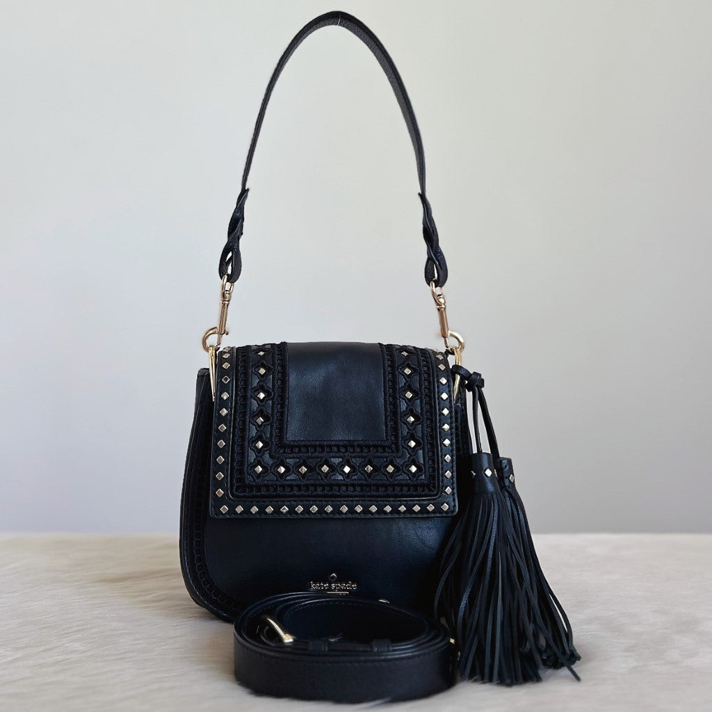 Kate Spade Black Leather Studded Detail Tassel Charm 2 Way Shoulder Bag Excellent