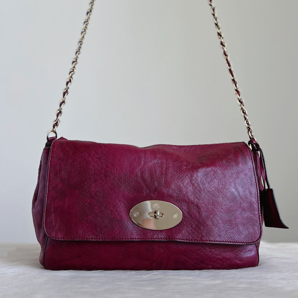 Mulberry Bordeaux Leather Turn Lock Chained Crossbody Shoulder Bag