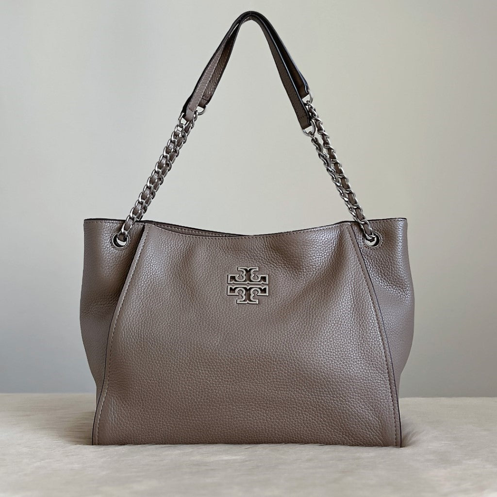 Tory Burch Taupe Leather Chain Detail Triple Compartment Shoulder Bag Like New