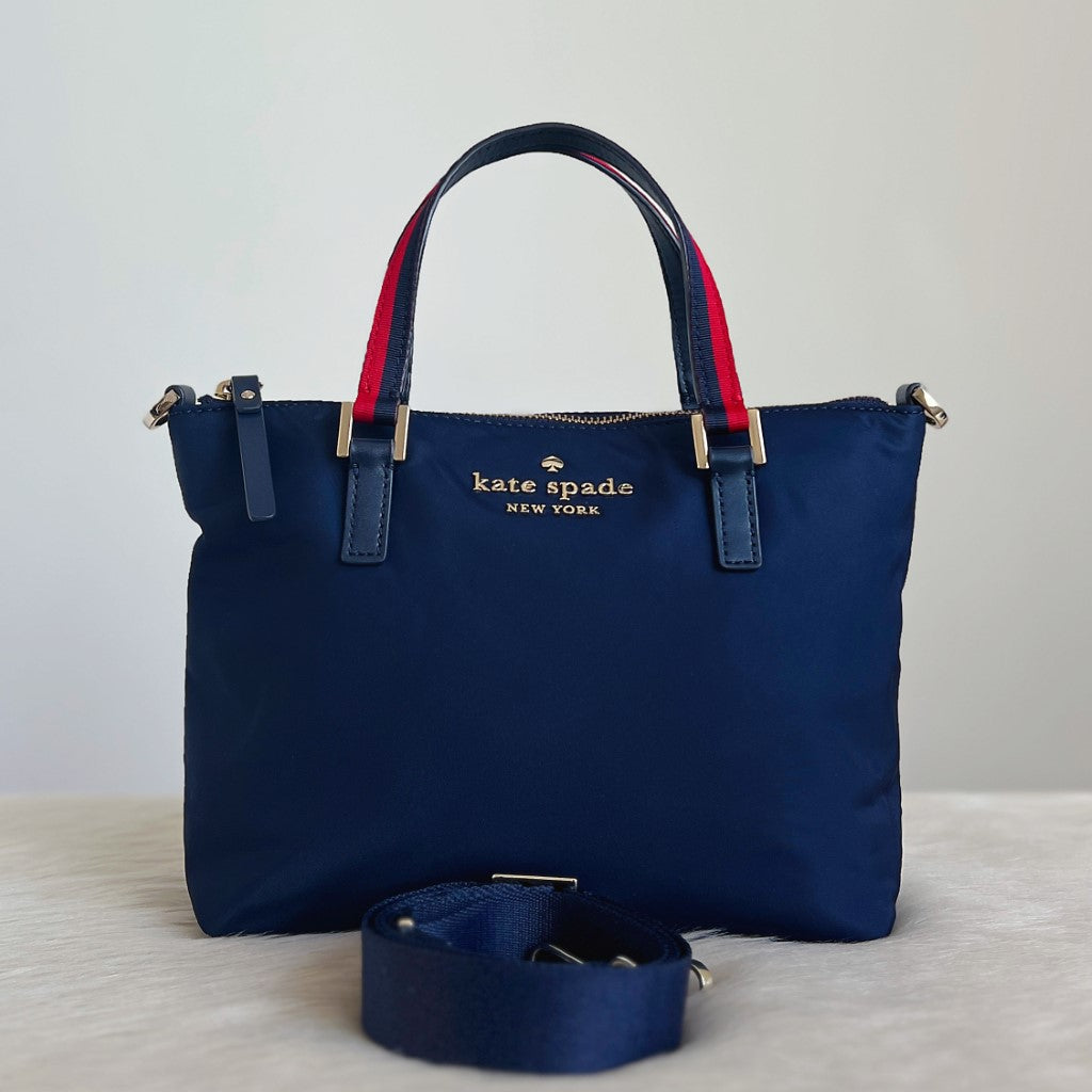 Kate Spade Navy Leather Stripe Strap 2 Way Shoulder Bag Excellent