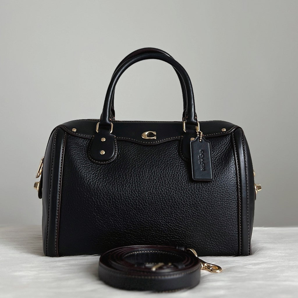 Coach Black Leather Front Logo Boston 2 Way Shoulder Bag Like New