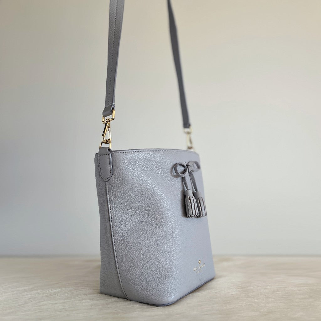 Kate Spade Grey Leather Front Bow Bucket Crossbody Shoulder Bag Like New