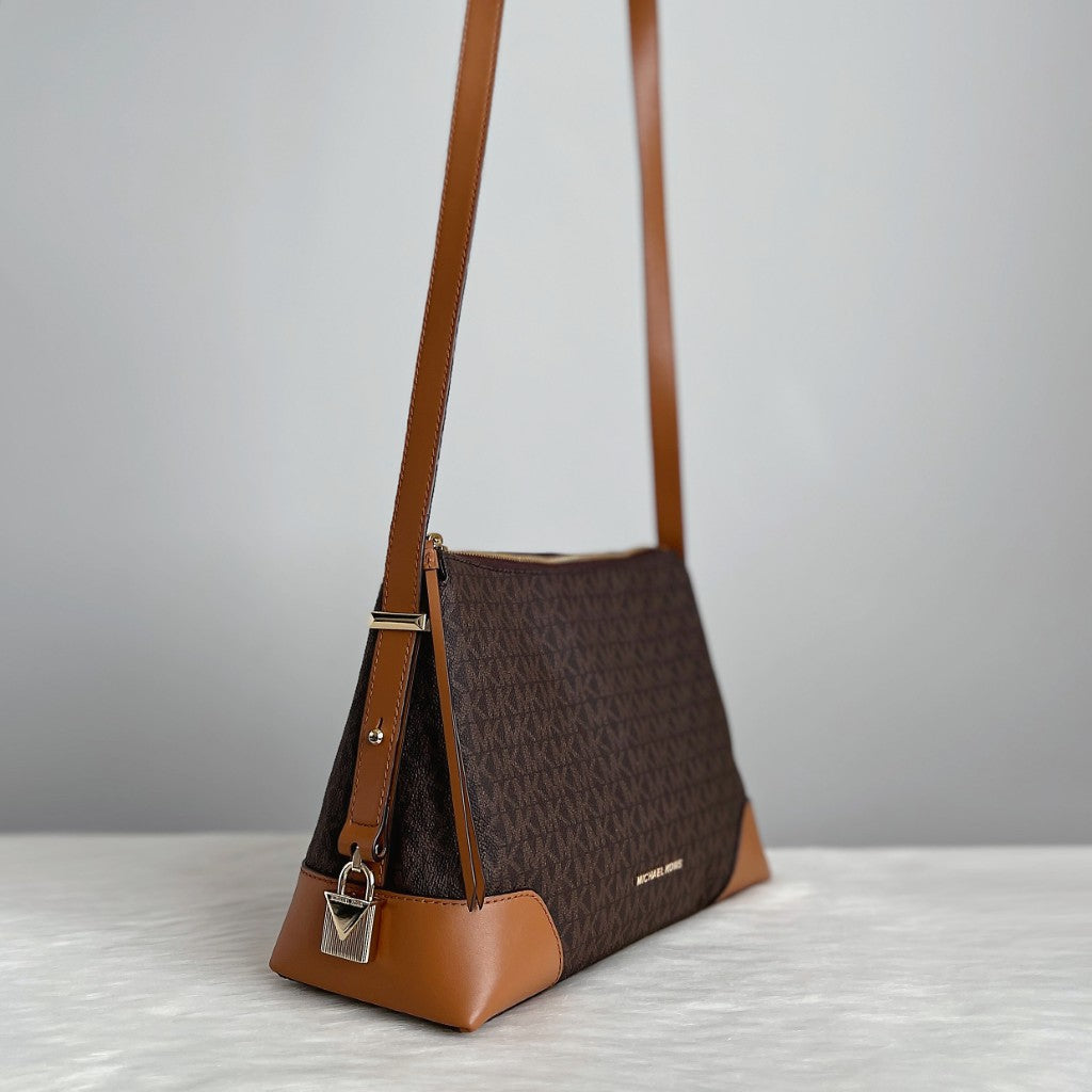Michael Kors Caramel Leather Monogram Front Logo Crossbody Shoulder Bag Like New