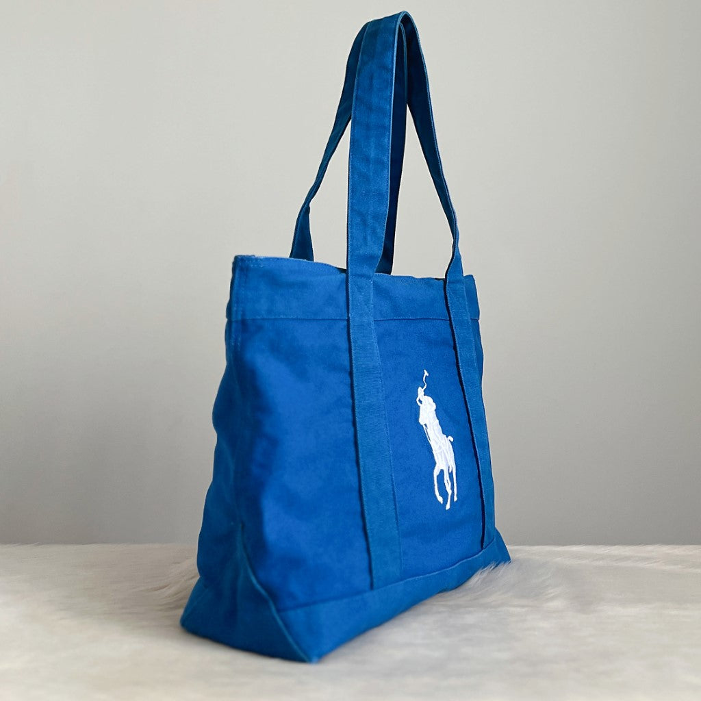 Ralph Lauren Blue Canvas Signature Logo Shoulder Bag
