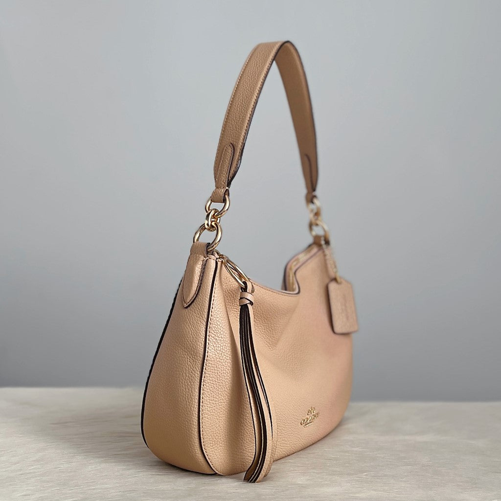 Coach Beige Leather Tassel Charm Slouchy 2 Way Shoulder Bag New with Box