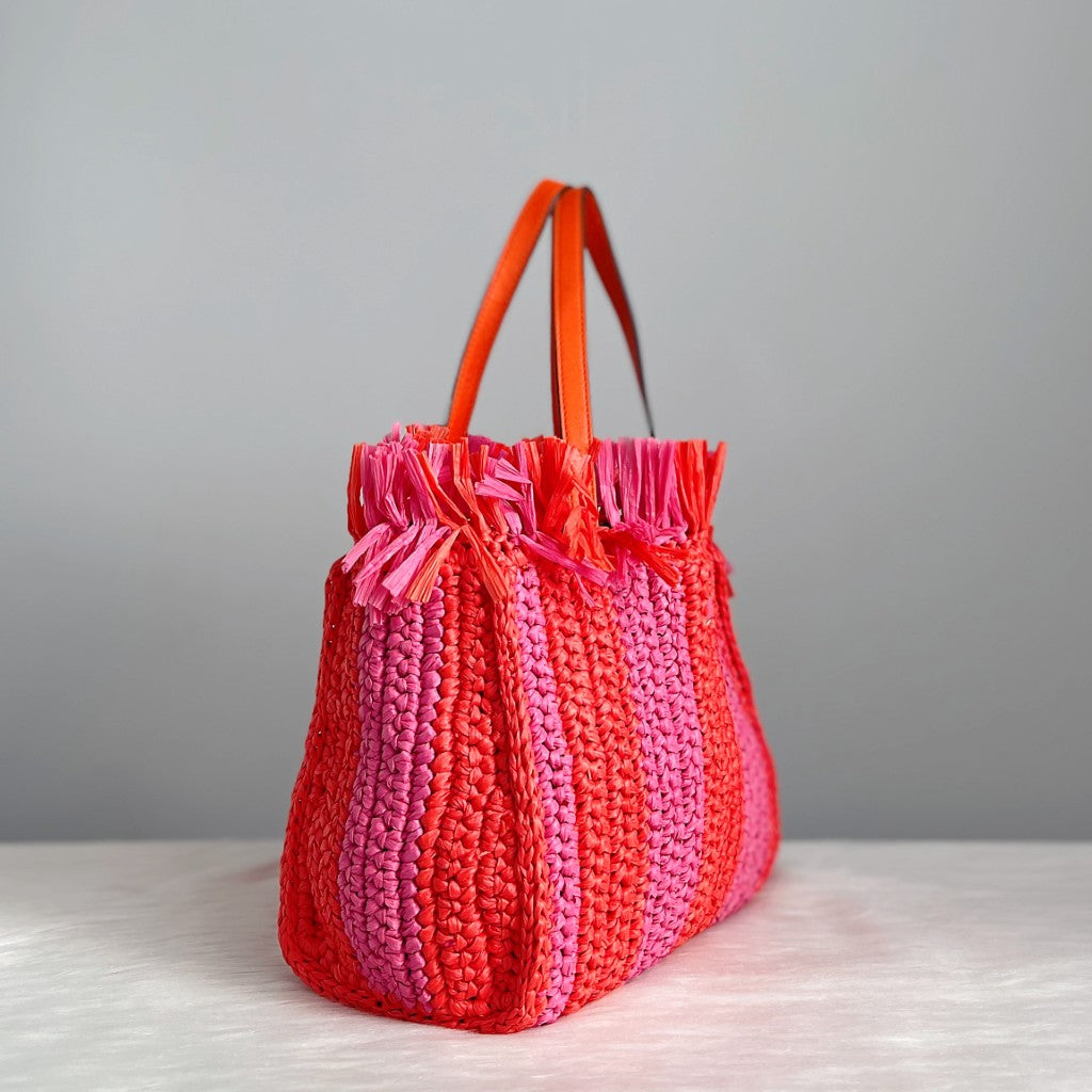 Kate Spade Striped Straw Fringe Detail Holiday Tote Bag Like New