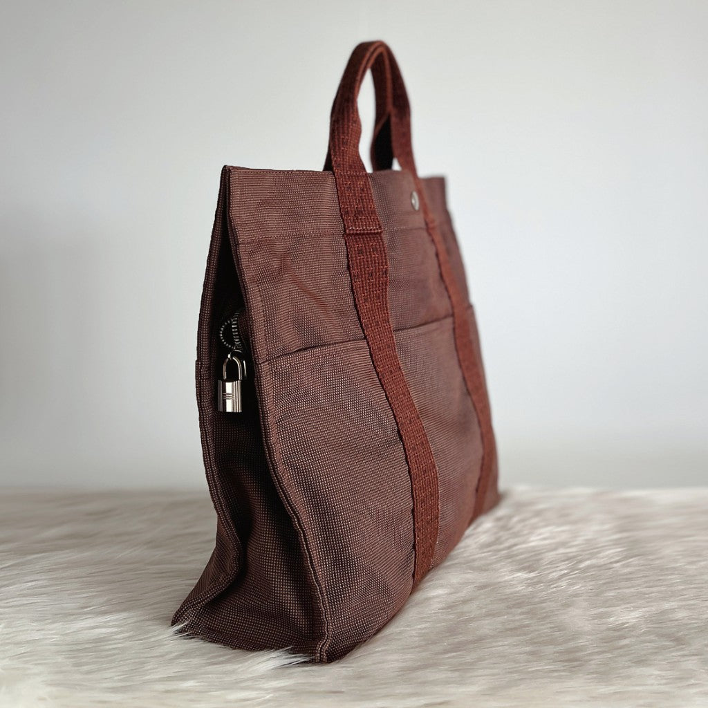 Hermes Brown Signature Stripe Detail Canvas Tote Bag Excellent