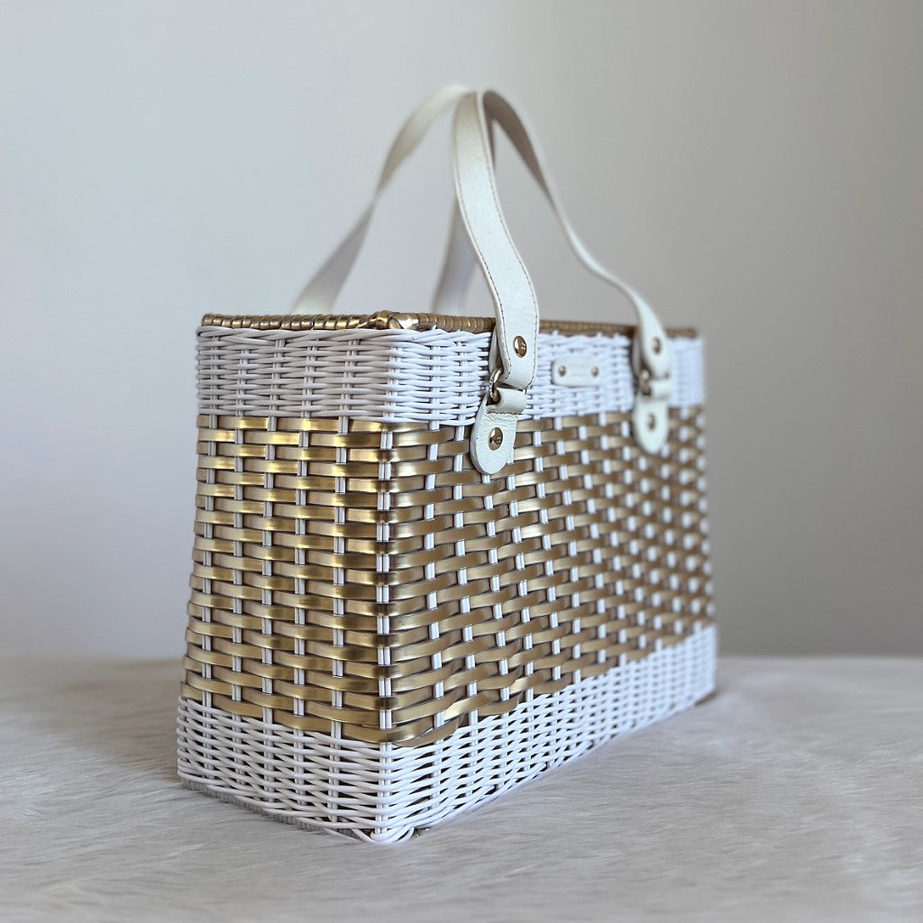 Kate Spade White Leather Straw Holiday Basket Tote Bag