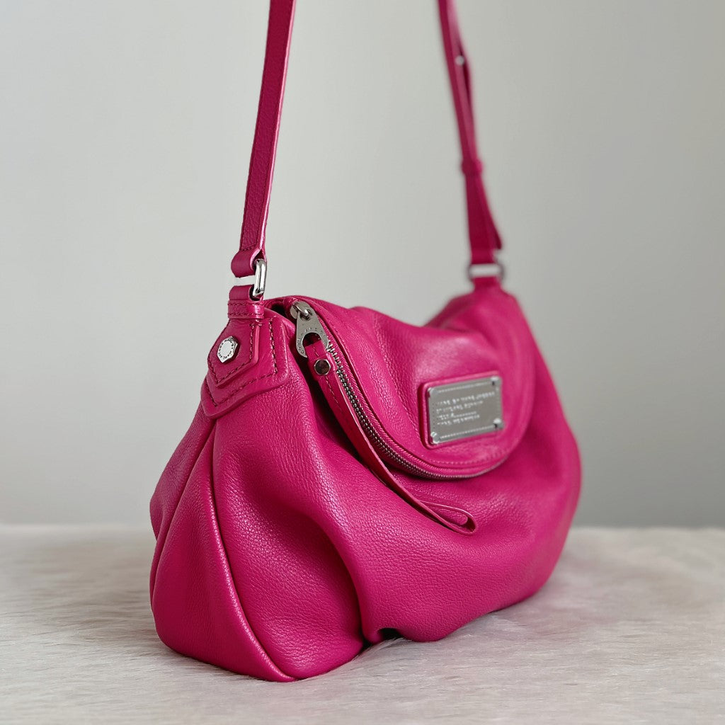 Marc Jacobs Fuschia Leather Front Logo Zip Flap Crossbody Shoulder Bag