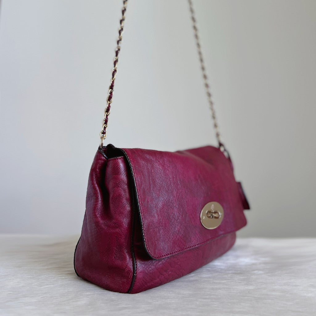 Mulberry Bordeaux Leather Turn Lock Chained Crossbody Shoulder Bag