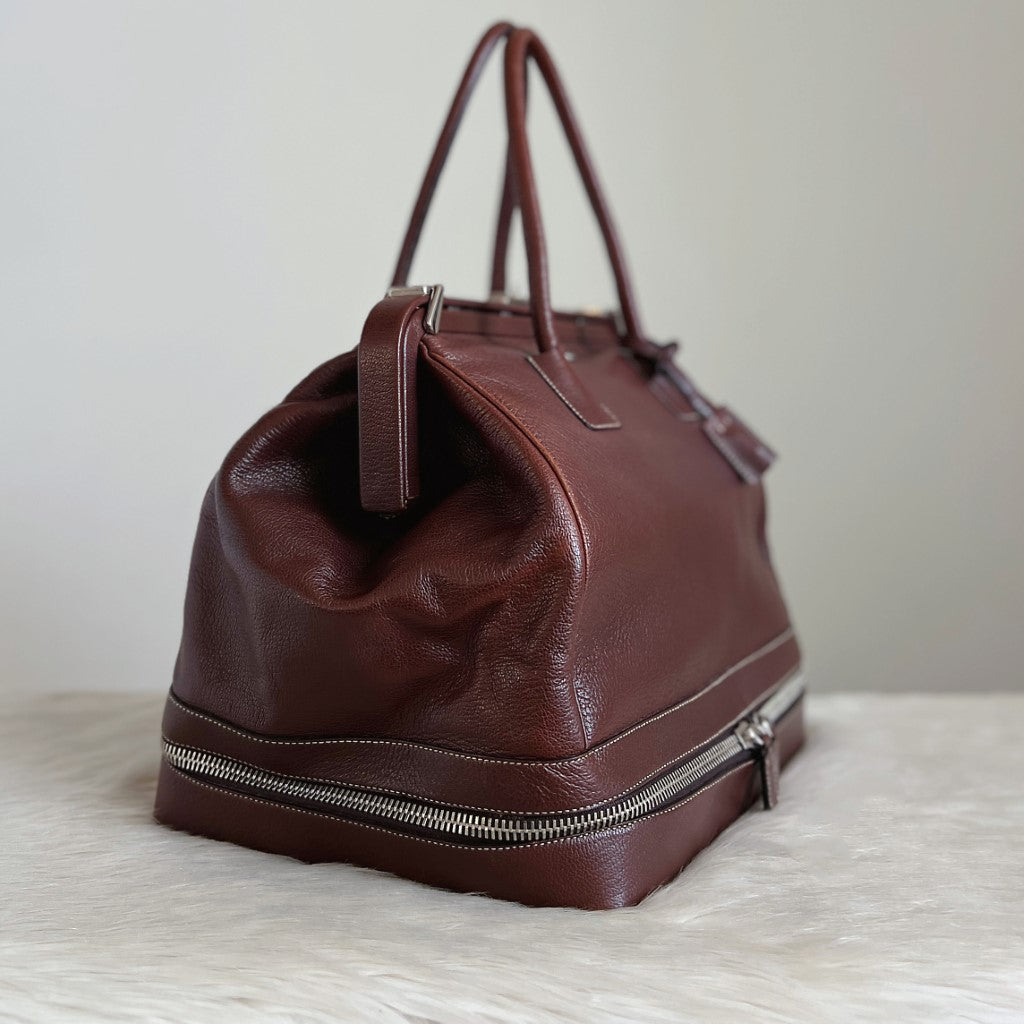 Prada Brown Leather Front Zip Detail Large Doctor Tote Bag