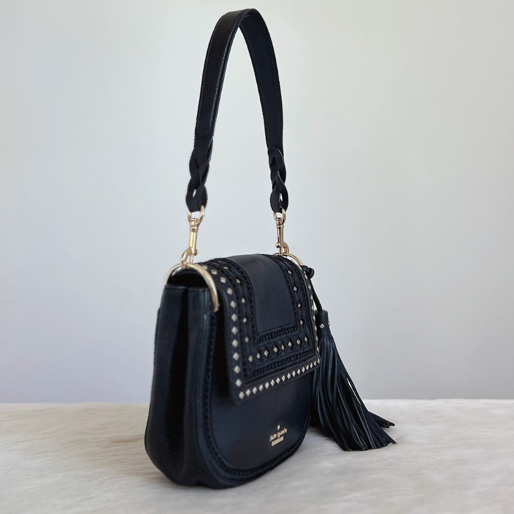 Kate Spade Black Leather Studded Detail Tassel Charm 2 Way Shoulder Bag Excellent