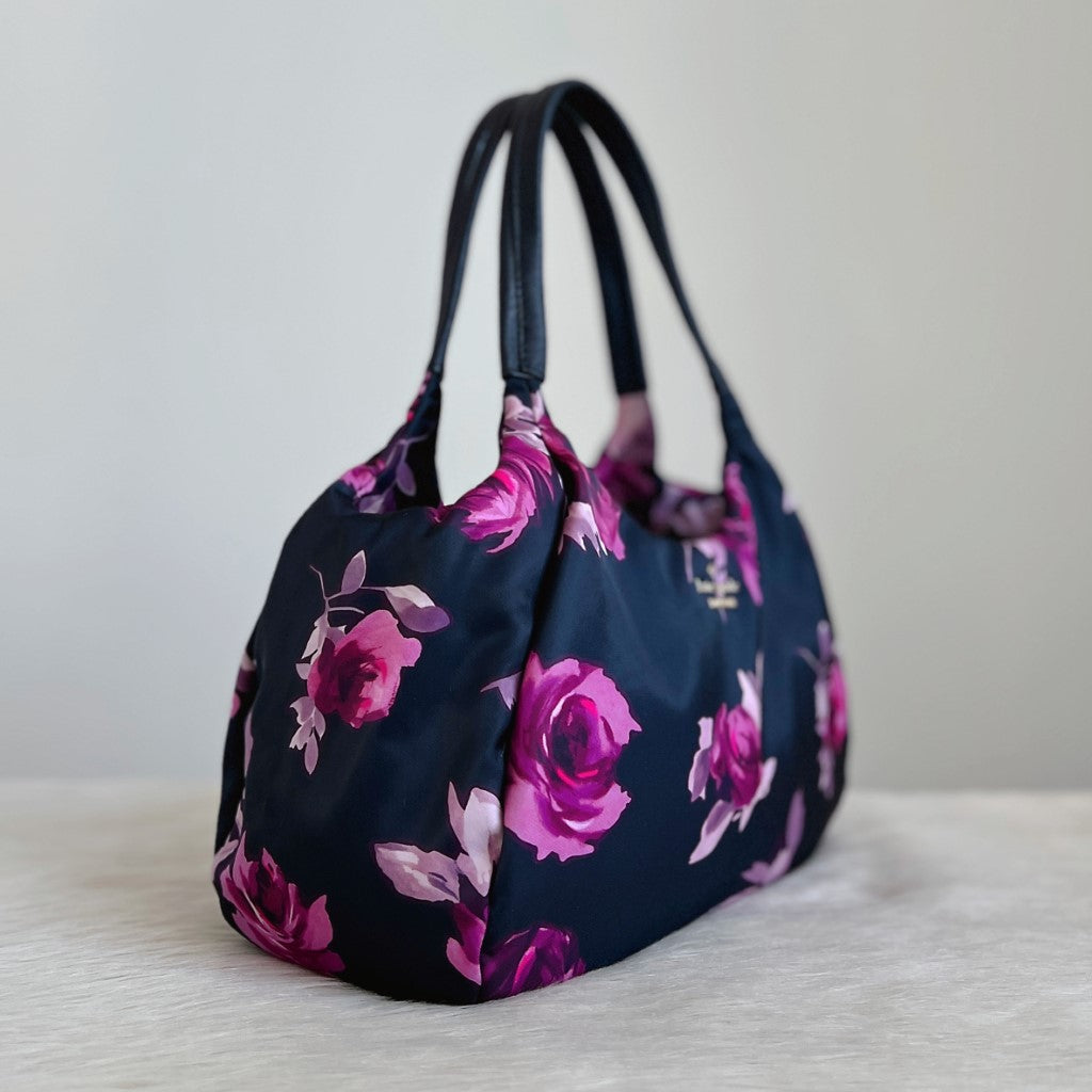 Kate Spade Black Leather Floral Pattern Shopper Shoulder Bag Excellent