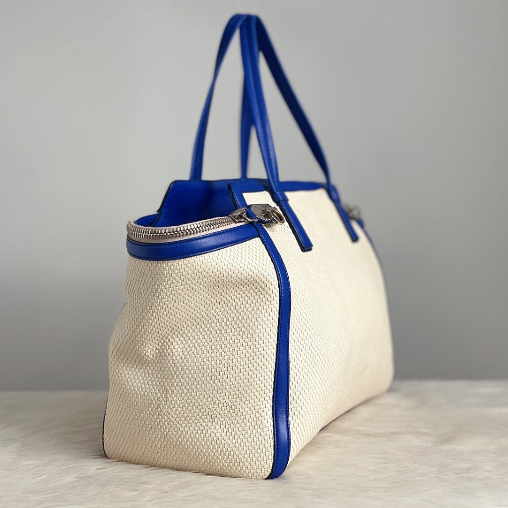 Salvatore Ferragamo Blue Leather Straw Large Shoulder Bag Excellent
