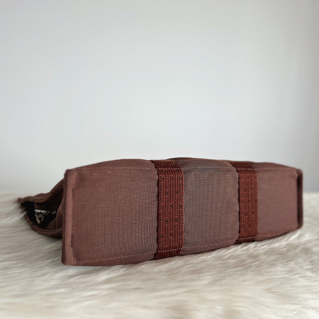 Hermes Brown Signature Stripe Detail Canvas Tote Bag Excellent
