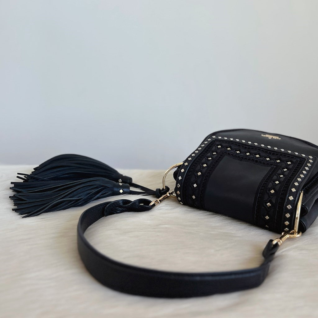 Kate Spade Black Leather Studded Detail Tassel Charm 2 Way Shoulder Bag Excellent