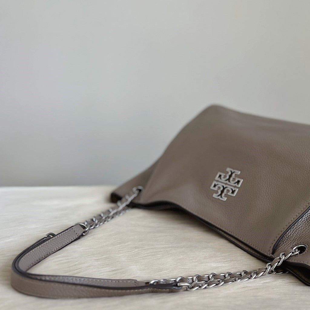 Tory Burch Taupe Leather Chain Detail Triple Compartment Shoulder Bag Like New